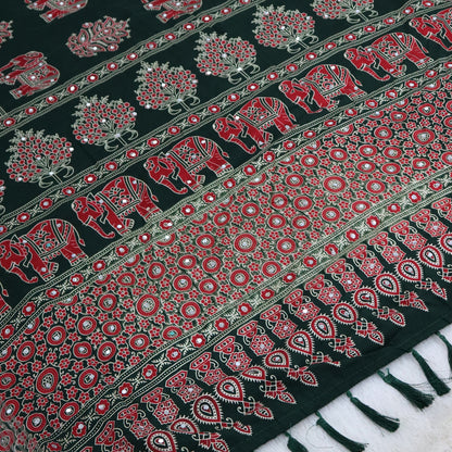 Shri Hari Sarees Women's Ethnic Ajrakh Mirror Printed Art Silk Saree with Unstitched Blouse Piece.