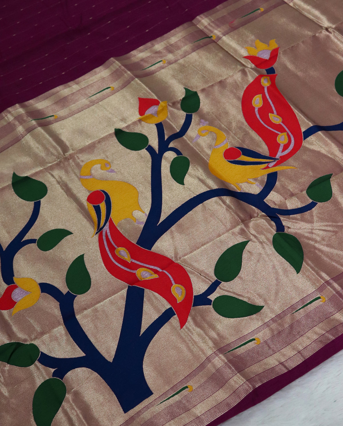 Women's Paithani Silk Blend Saree with Zari Woven Striped Lines and Peacock Floral Pallu including Unstitched Blouse Piece.