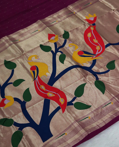Women's Paithani Silk Blend Saree with Zari Woven Striped Lines and Peacock Floral Pallu including Unstitched Blouse Piece.