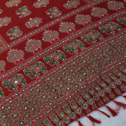 Shri Hari Sarees Women's Ethnic Ajrakh Mirror Printed Art Silk Saree with Unstitched Blouse Piece.