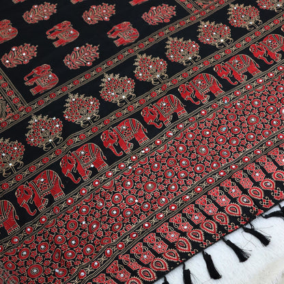 Shri Hari Sarees Women's Ethnic Ajrakh Mirror Printed Art Silk Saree with Unstitched Blouse Piece.