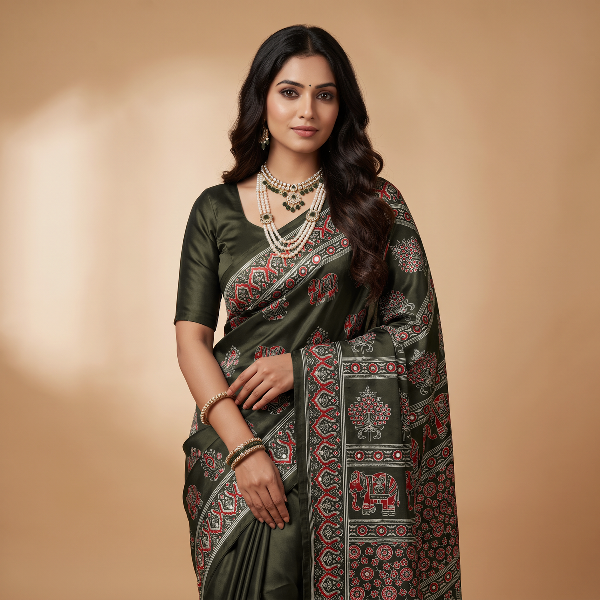Shri Hari Sarees Women's Ethnic Ajrakh Mirror Printed Art Silk Saree with Unstitched Blouse Piece.
