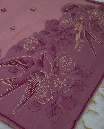 Women's Pure Linen Cotton Floral Embroidered Saree with Unstitched Blouse Piece.