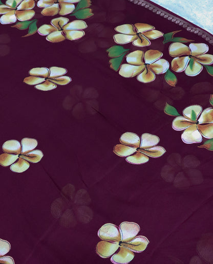 Women's Floral Hand Printed Dull Moss Saree with Unstitched Blouse Piece.