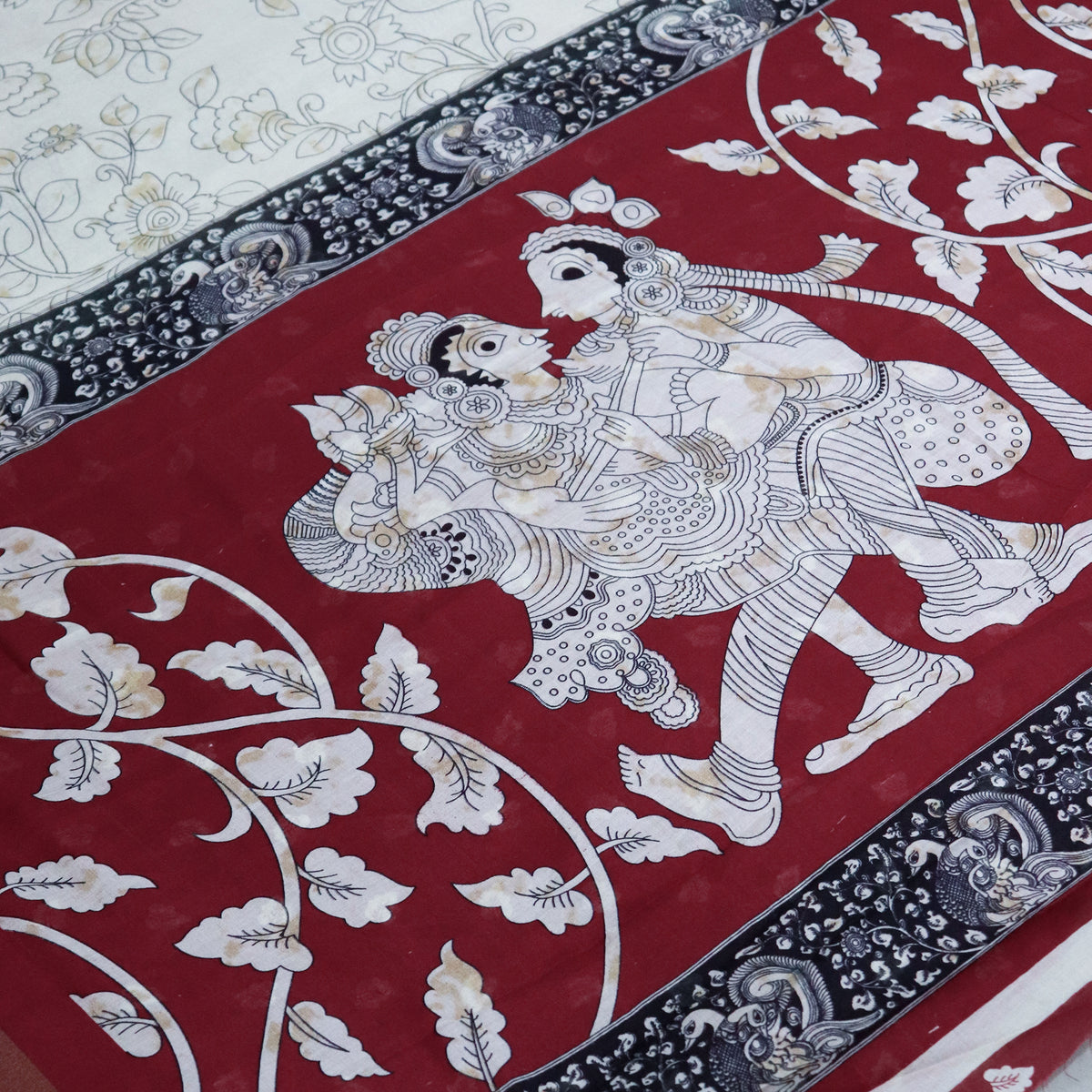 Women's Cream and Maroon Cotton Saree with Traditional Print.