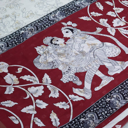 Women's Cream and Maroon Cotton Saree with Traditional Print.