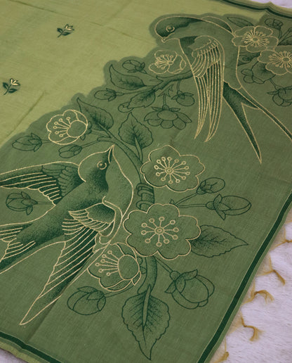 Women's Pure Linen Cotton Floral Embroidered Saree with Unstitched Blouse Piece.