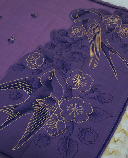 Women's Pure Linen Cotton Floral Embroidered Saree with Unstitched Blouse Piece.