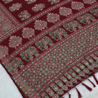 Shri Hari Sarees Women's Ethnic Ajrakh Mirror Printed Art Silk Saree with Unstitched Blouse Piece.