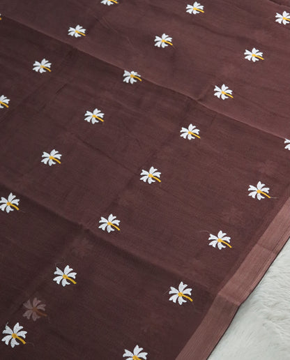 Women's Pure Linen Cotton Floral Embroidered Saree with Unstitched Blouse Piece.