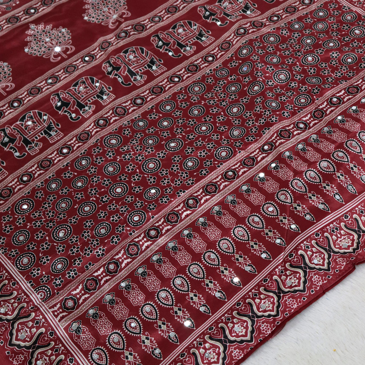 Shri Hari Sarees Women's Ethnic Ajrakh Mirror Printed Art Silk Saree with Unstitched Blouse Piece.