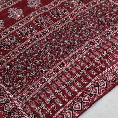 Shri Hari Sarees Women's Ethnic Ajrakh Mirror Printed Art Silk Saree with Unstitched Blouse Piece.