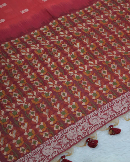 Women's Woven Design Linen Cotton Blend Saree with Unstitched Blouse Piece.