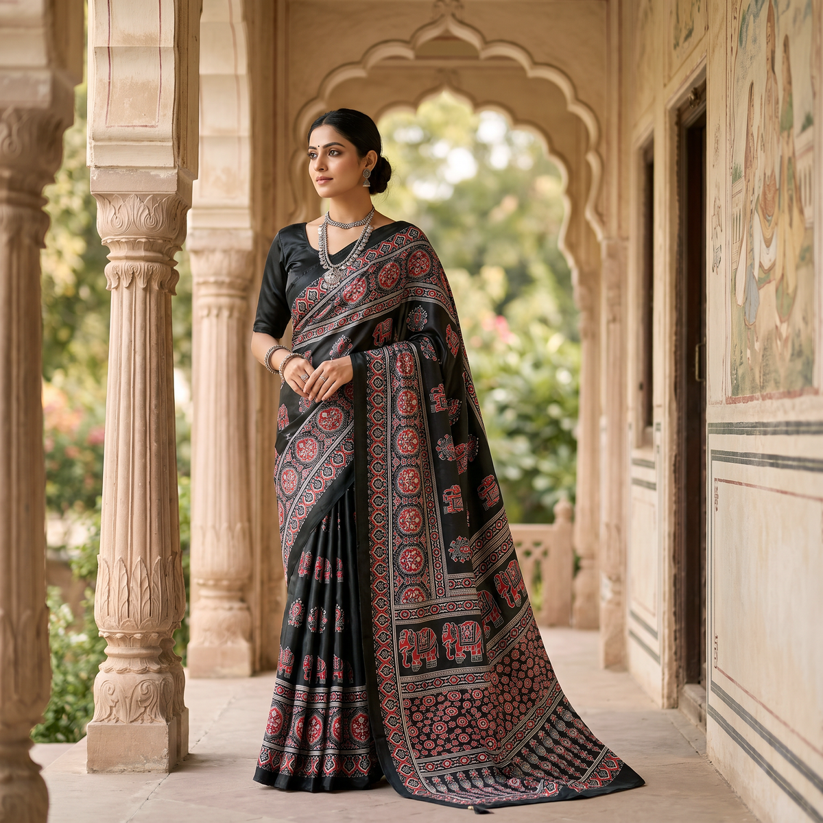 Shri Hari Sarees Women's Ethnic Ajrakh Mirror Printed Art Silk Saree with Unstitched Blouse Piece.