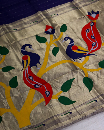 Women's Paithani Silk Blend Saree with Zari Woven Striped Lines and Peacock Floral Pallu including Unstitched Blouse Piece.