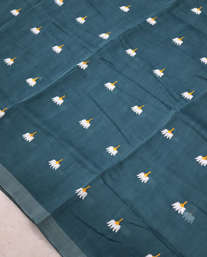 Women's Pure Linen Cotton Floral Embroidered Saree with Unstitched Blouse Piece.