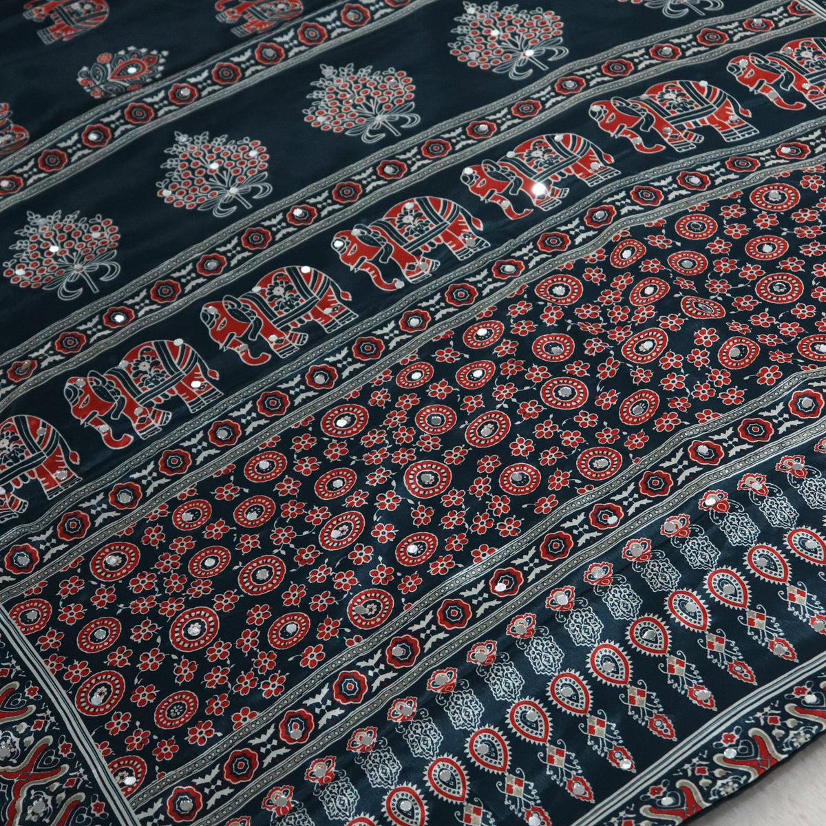 Shri Hari Sarees Women's Ethnic Ajrakh Mirror Printed Art Silk Saree with Unstitched Blouse Piece.