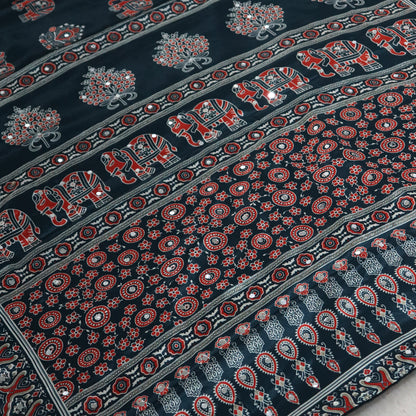 Shri Hari Sarees Women's Ethnic Ajrakh Mirror Printed Art Silk Saree with Unstitched Blouse Piece.