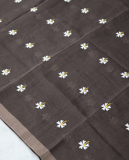 Women's Pure Linen Cotton Floral Embroidered Saree with Unstitched Blouse Piece.