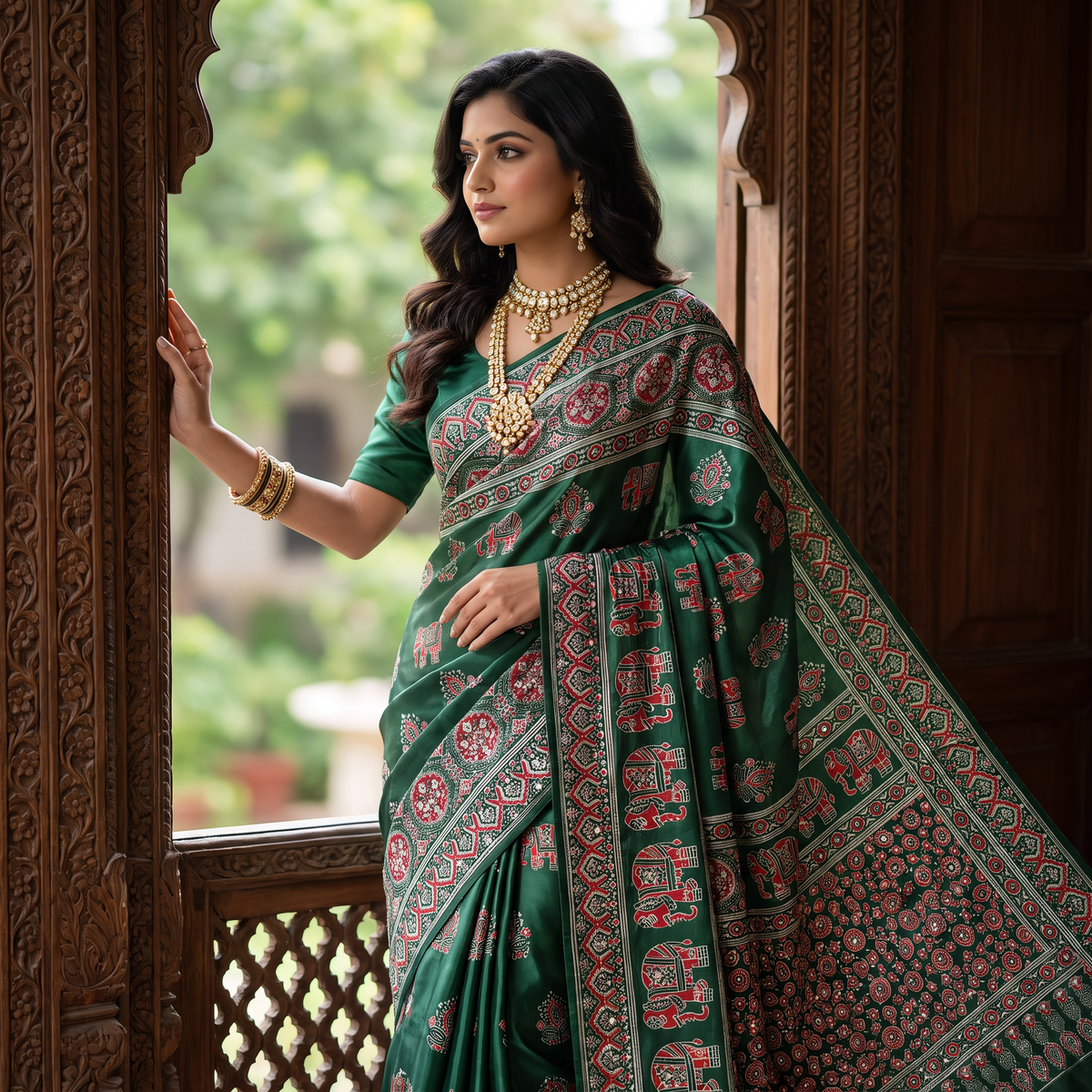 Shri Hari Sarees Women's Ethnic Ajrakh Mirror Printed Art Silk Saree with Unstitched Blouse Piece.