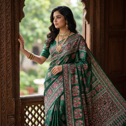 Shri Hari Sarees Women's Ethnic Ajrakh Mirror Printed Art Silk Saree with Unstitched Blouse Piece.