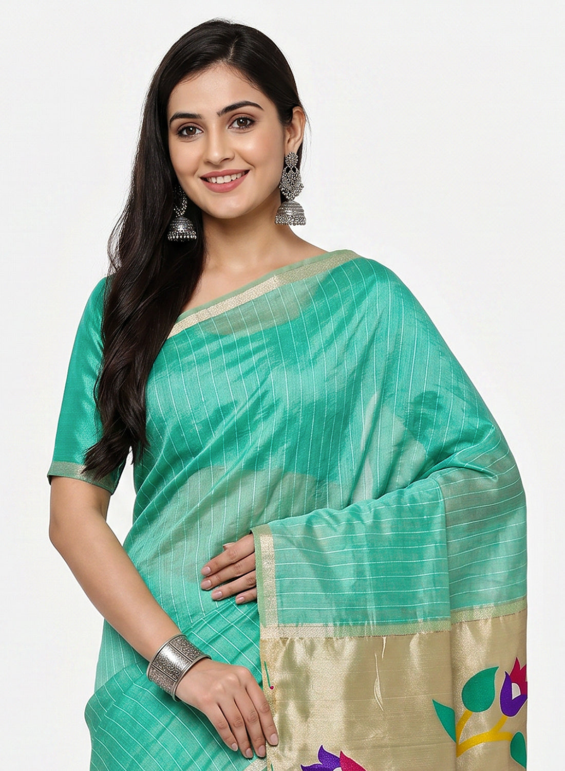 Women's Paithani Style Woven Linen Cotton Saree with Unstitched Blouse Piece.