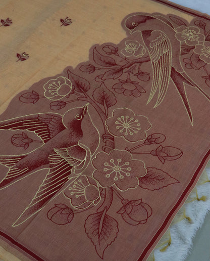 Women's Pure Linen Cotton Floral Embroidered Saree with Unstitched Blouse Piece.