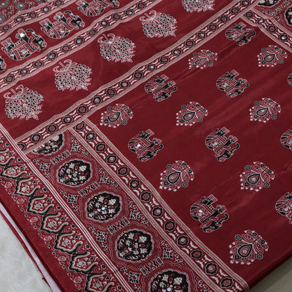 Shri Hari Sarees Women's Ethnic Ajrakh Mirror Printed Art Silk Saree with Unstitched Blouse Piece.