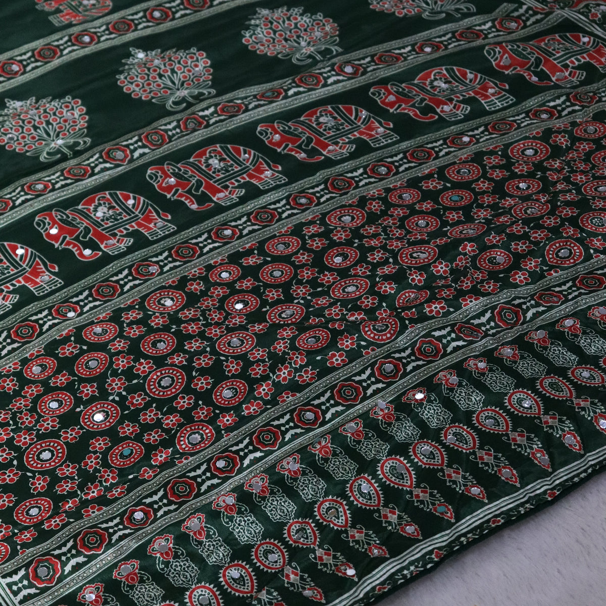 Shri Hari Sarees Women's Ethnic Ajrakh Mirror Printed Art Silk Saree with Unstitched Blouse Piece.