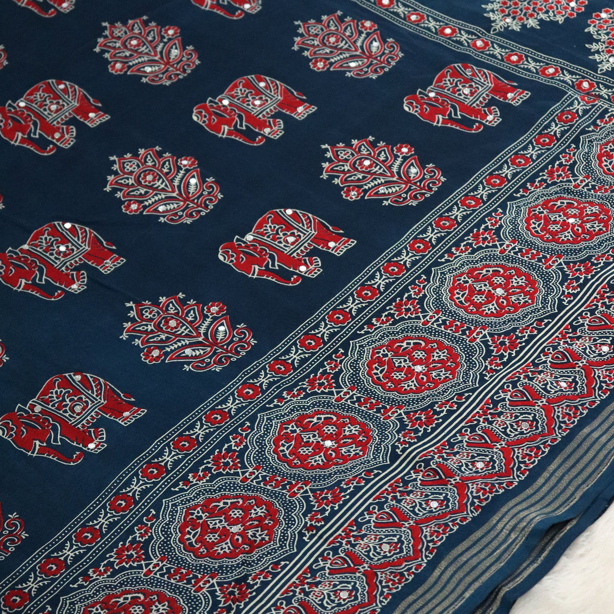 Shri Hari Sarees Women's Ethnic Ajrakh Mirror Printed Art Silk Saree with Unstitched Blouse Piece.