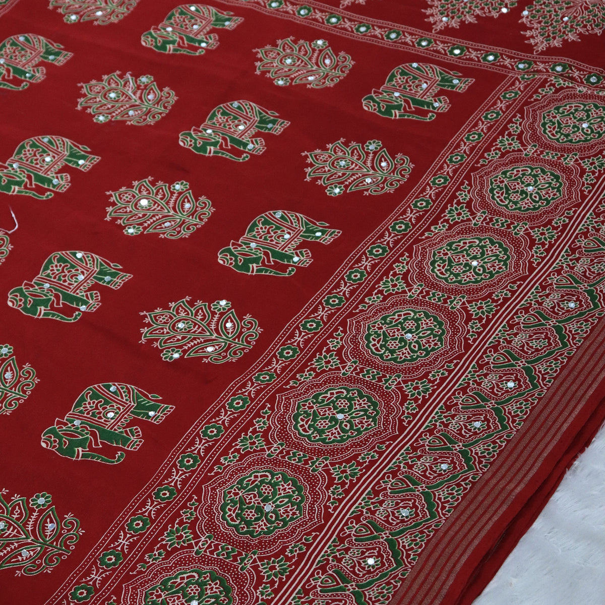 Shri Hari Sarees Women's Ethnic Ajrakh Mirror Printed Art Silk Saree with Unstitched Blouse Piece.