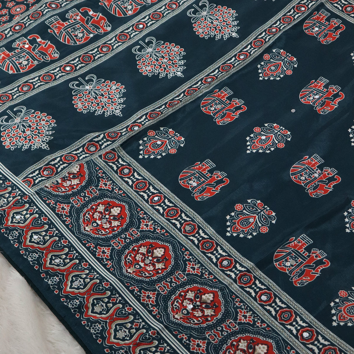 Shri Hari Sarees Women's Ethnic Ajrakh Mirror Printed Art Silk Saree with Unstitched Blouse Piece.