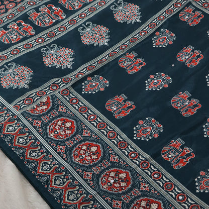 Shri Hari Sarees Women's Ethnic Ajrakh Mirror Printed Art Silk Saree with Unstitched Blouse Piece.