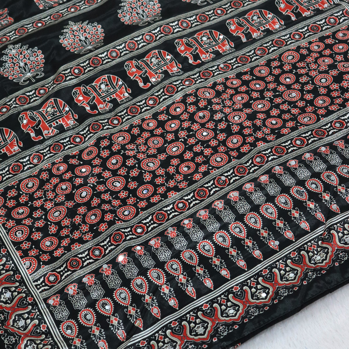 Shri Hari Sarees Women's Ethnic Ajrakh Mirror Printed Art Silk Saree with Unstitched Blouse Piece.