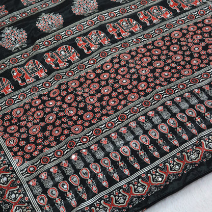 Shri Hari Sarees Women's Ethnic Ajrakh Mirror Printed Art Silk Saree with Unstitched Blouse Piece.