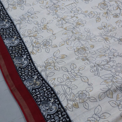 Women's Cream and Maroon Cotton Saree with Traditional Print.