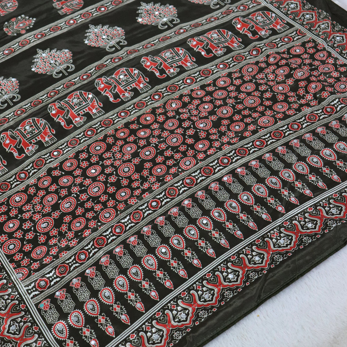 Shri Hari Sarees Women's Ethnic Ajrakh Mirror Printed Art Silk Saree with Unstitched Blouse Piece.