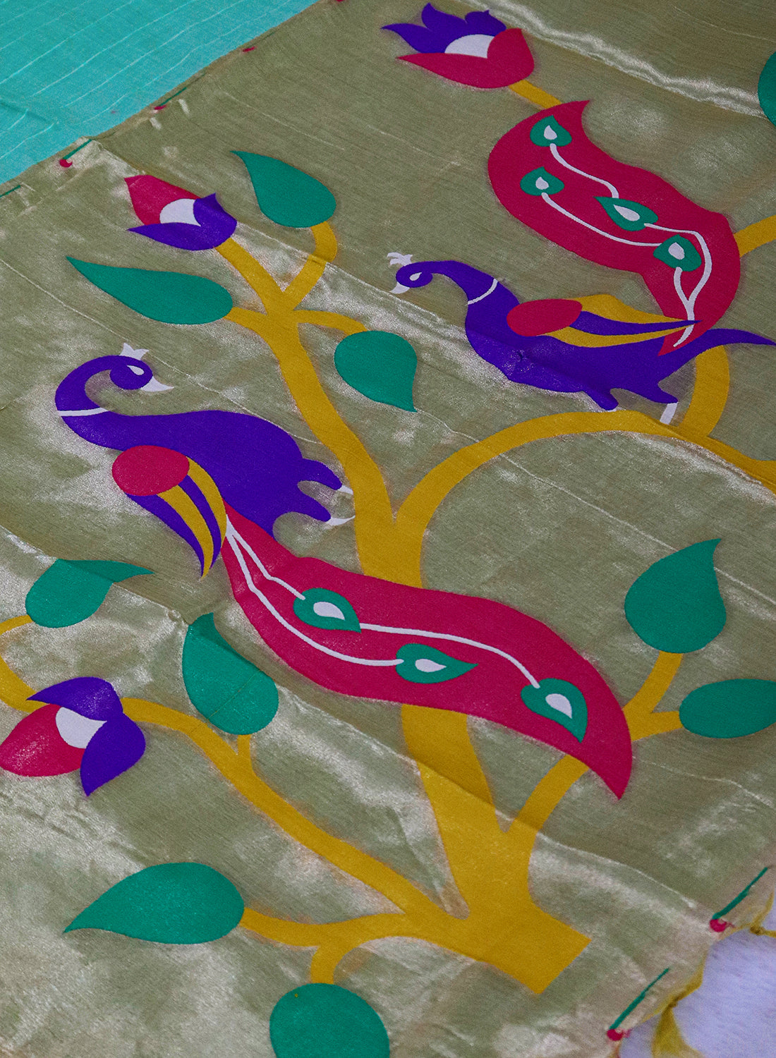 Women's Paithani Style Woven Linen Cotton Saree with Unstitched Blouse Piece.