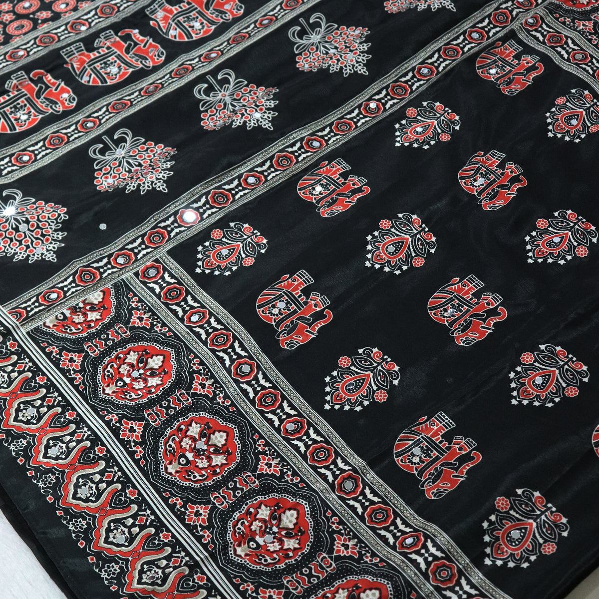 Shri Hari Sarees Women's Ethnic Ajrakh Mirror Printed Art Silk Saree with Unstitched Blouse Piece.