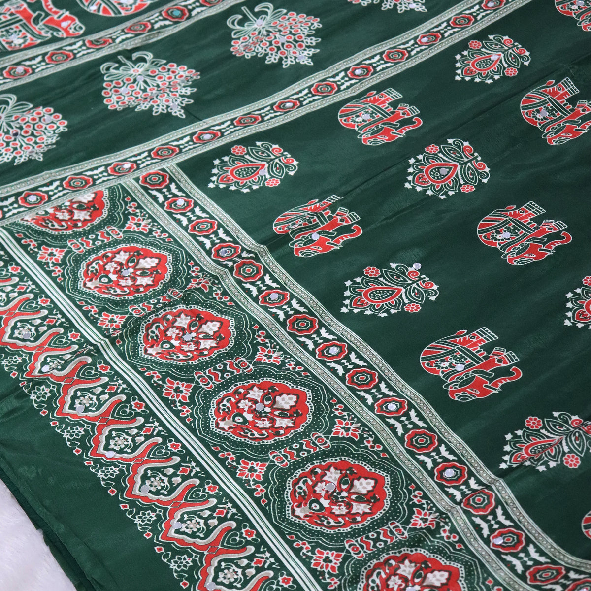 Shri Hari Sarees Women's Ethnic Ajrakh Mirror Printed Art Silk Saree with Unstitched Blouse Piece.