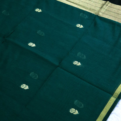 Women's Traditional Chanderi Cotton Linen Blend Saree with Zari Woven Border & Unstitched Blouse Piece.