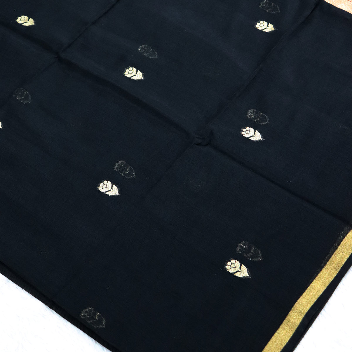 Women's Traditional Chanderi Cotton Linen Blend Saree with Zari Woven Border & Unstitched Blouse Piece.