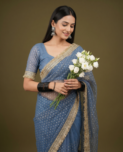 Women's Lightweight Organza Georgette Saree with Embroidered Zari Border & Unstitched Blouse Piece.