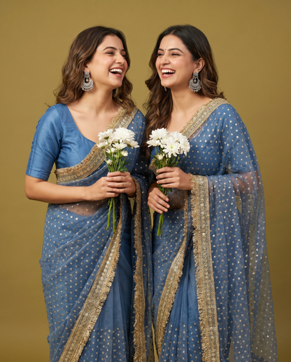 Women's Lightweight Organza Georgette Saree with Embroidered Zari Border & Unstitched Blouse Piece.