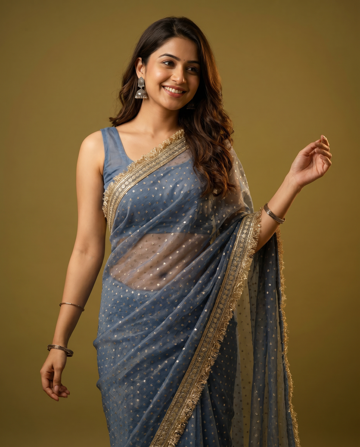 Women's Lightweight Organza Georgette Saree with Embroidered Zari Border & Unstitched Blouse Piece.