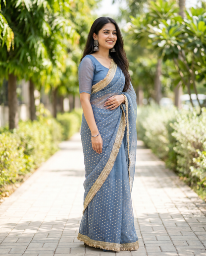 Women's Lightweight Organza Georgette Saree with Embroidered Zari Border & Unstitched Blouse Piece.