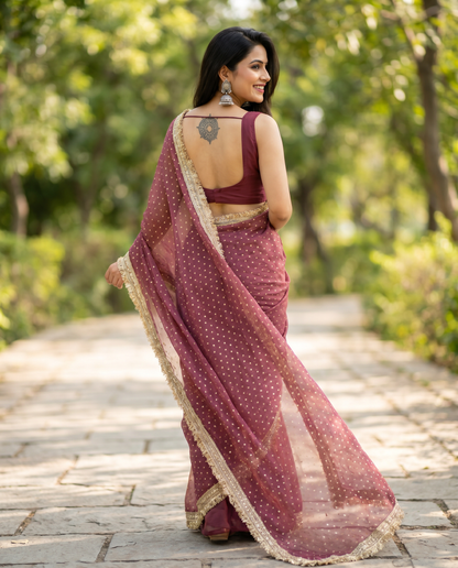 Women's Lightweight Organza Georgette Saree with Embroidered Zari Border & Unstitched Blouse Piece.