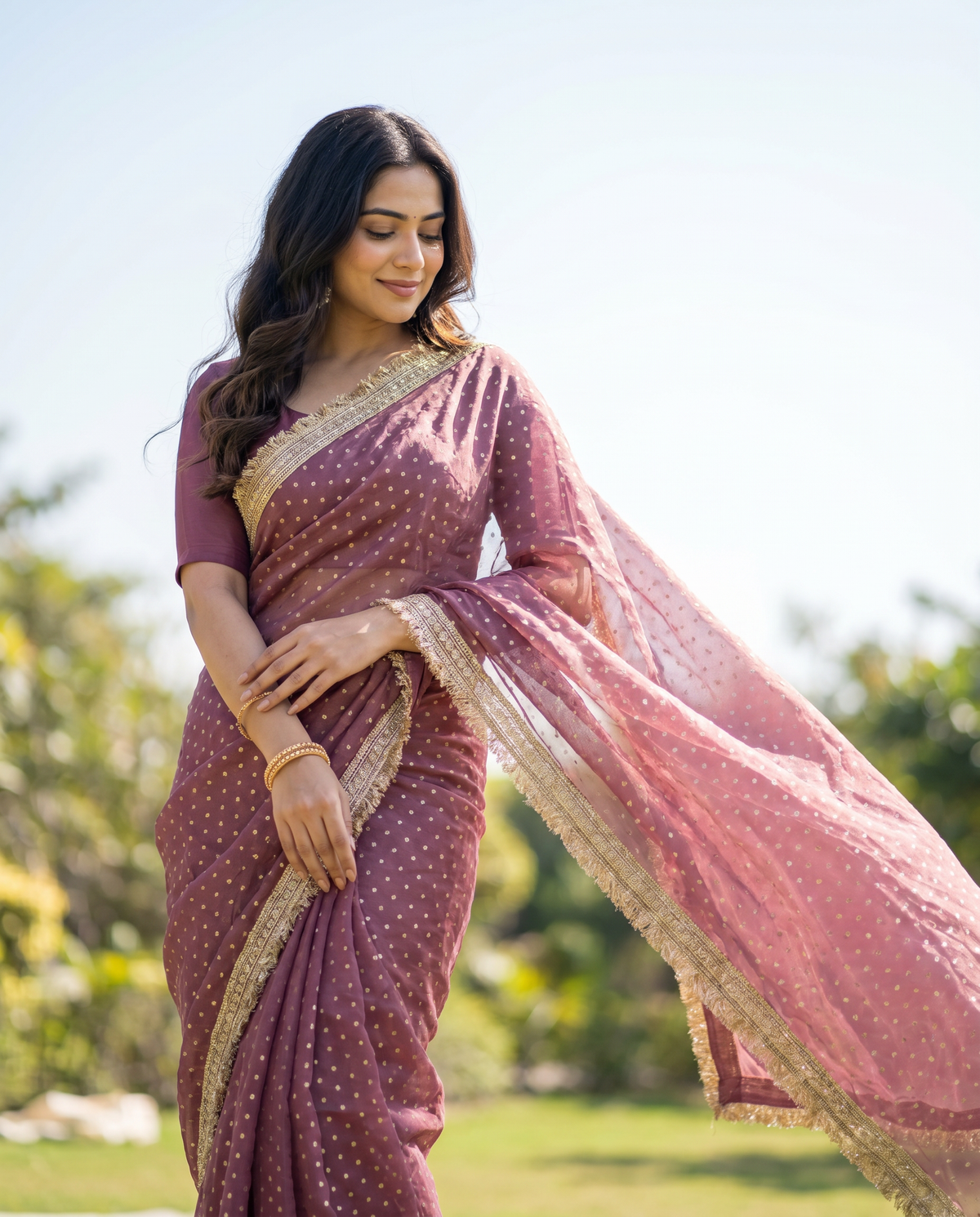 Women's Lightweight Organza Georgette Saree with Embroidered Zari Border & Unstitched Blouse Piece.