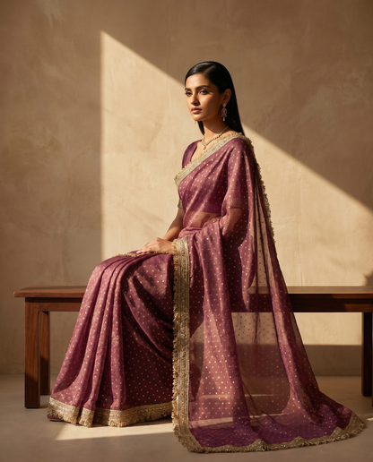 Women's Lightweight Organza Georgette Saree with Embroidered Zari Border & Unstitched Blouse Piece.