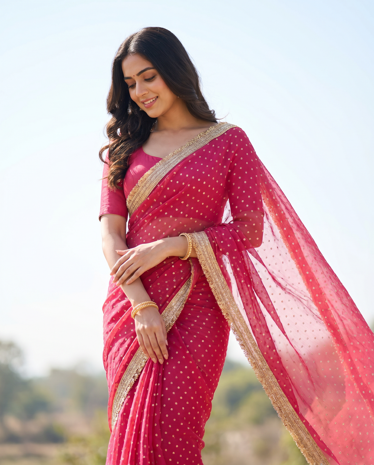 Women's Lightweight Organza Georgette Saree with Embroidered Zari Border & Unstitched Blouse Piece.